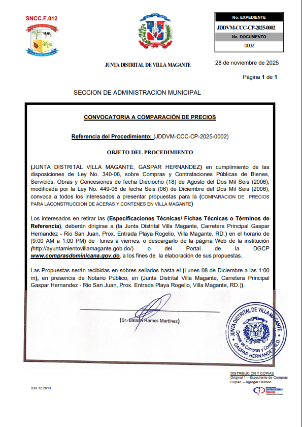 La junta distrital de Villa Magante Invita a participar a todos los oferentes interesados en el proceso de referencia No. JDDVM-CCC-CP-2025-0002 para la construcción de aceras y contenes
