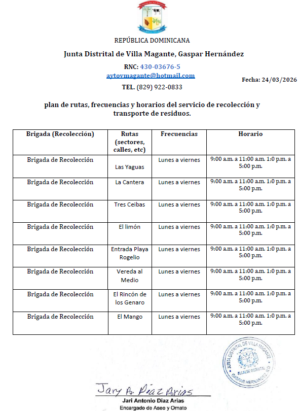 El gobierno local cuenta con el plan de rutas, horas y frecuencia de barrido y recolección de Desechos Sólidos.
